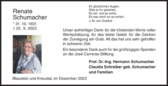 Traueranzeige von Renate Schumacher von Siegener Zeitung