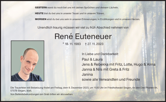Traueranzeige von René Euteneuer von Siegener Zeitung