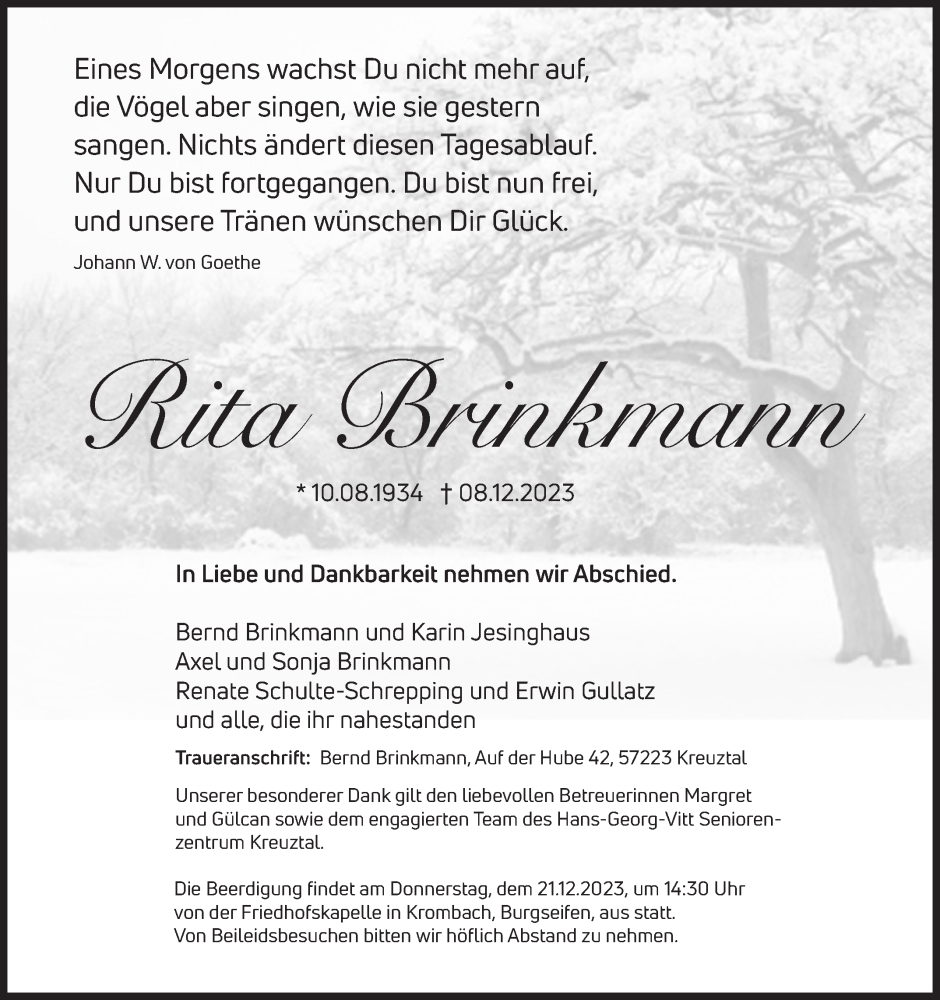  Traueranzeige für Rita Brinkmann vom 16.12.2023 aus Siegener Zeitung