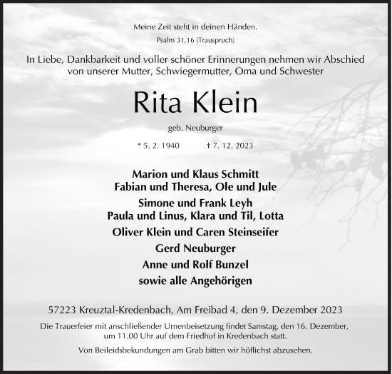 Traueranzeige von Rita Klein von Siegener Zeitung