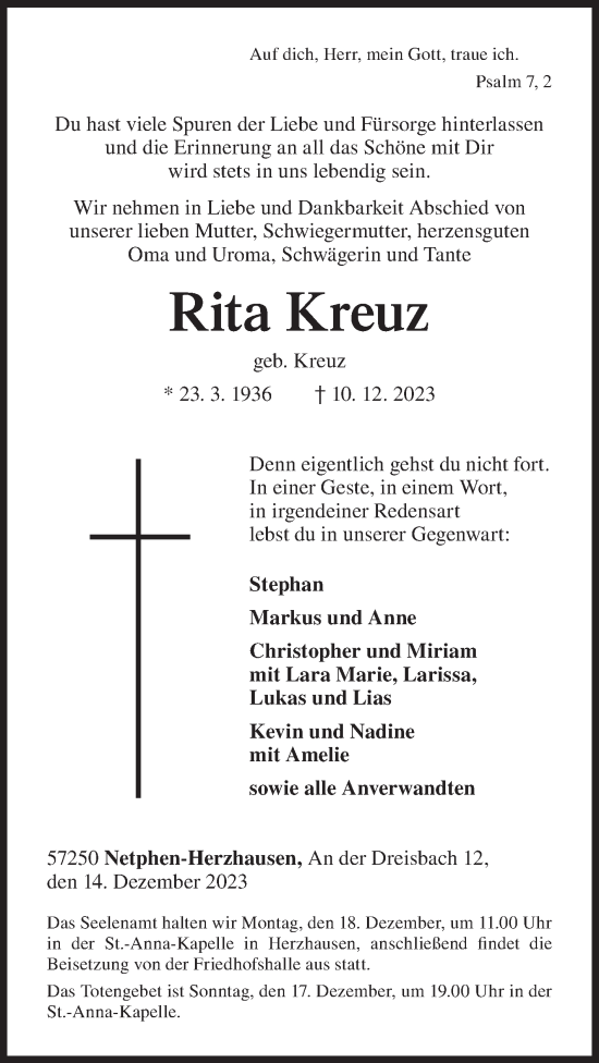 Traueranzeige von Rita Kreuz von Siegener Zeitung