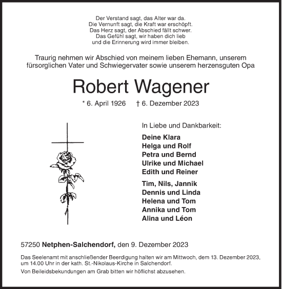 Traueranzeige von Robert Wagener von Siegener Zeitung