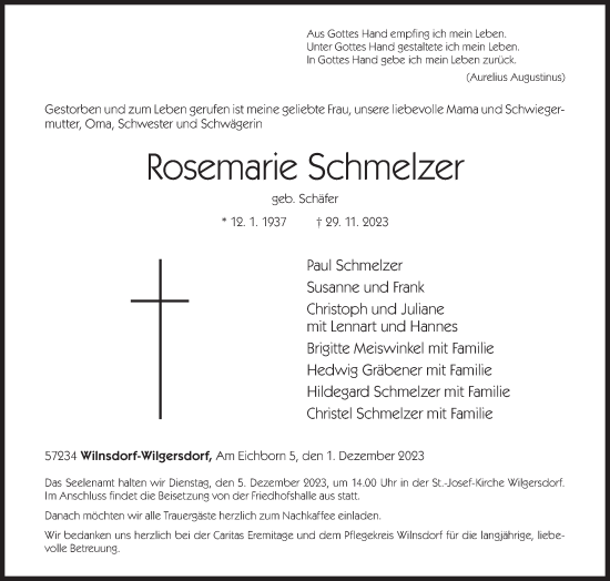 Traueranzeige von Rosemarie Schmelzer von Siegener Zeitung