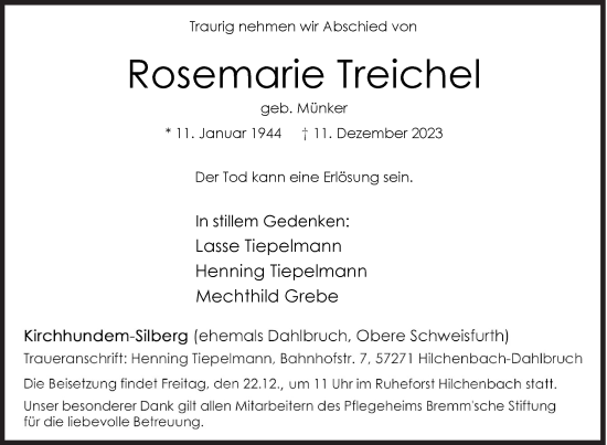 Traueranzeige von Rosemarie Treichel von Siegener Zeitung