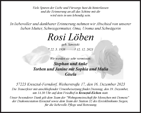 Traueranzeige von Rosi Löben von Siegener Zeitung