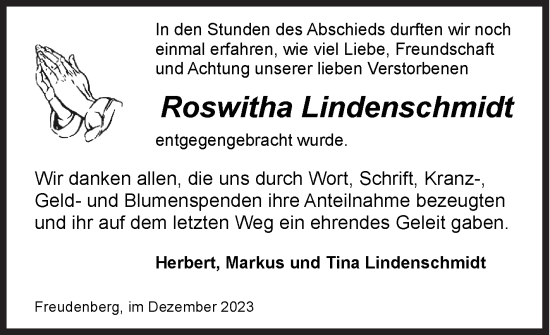 Traueranzeige von Roswitha Lindenschmidt von Siegener Zeitung