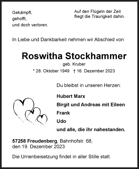 Traueranzeige von Roswitha Stockhammer von Siegener Zeitung