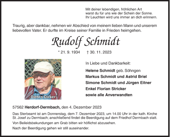 Traueranzeige von Rudolf Schmidt von Siegener Zeitung