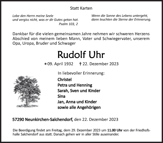 Traueranzeige von Rudolf Uhr von Siegener Zeitung