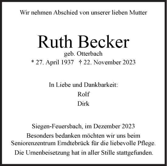 Traueranzeige von Ruth Becker von Siegener Zeitung