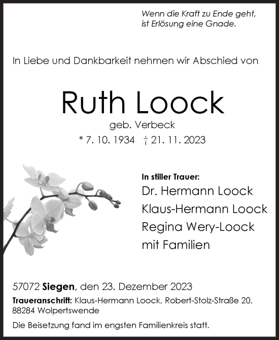 Traueranzeige von Ruth Loock von Siegener Zeitung