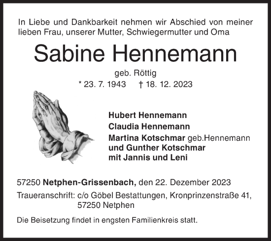 Traueranzeige von Sabine Hennemann von Siegener Zeitung