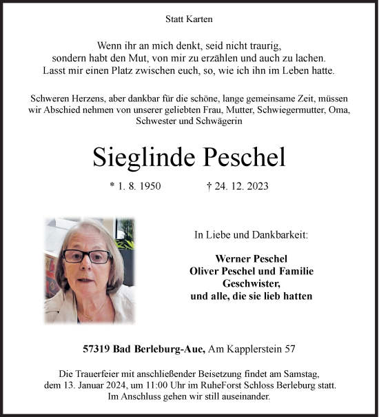 Traueranzeige von Sieglinde Peschel von Siegener Zeitung