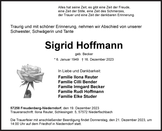 Traueranzeige von Sigrid Hoffmann von Siegener Zeitung