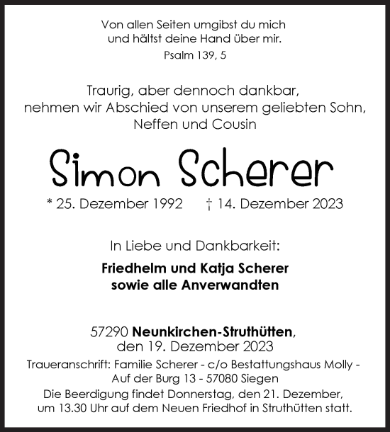 Traueranzeige von Simon Scherer von Siegener Zeitung