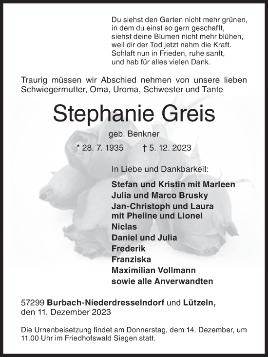 Traueranzeige von Stephanie Greis von Siegener Zeitung