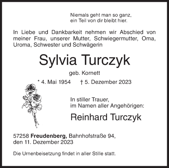 Traueranzeige von Sylvia Turczyk von Siegener Zeitung