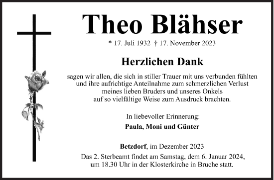Traueranzeige von Theo Blähser von Siegener Zeitung