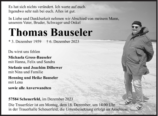 Traueranzeige von Thomas Bauseler von Siegener Zeitung