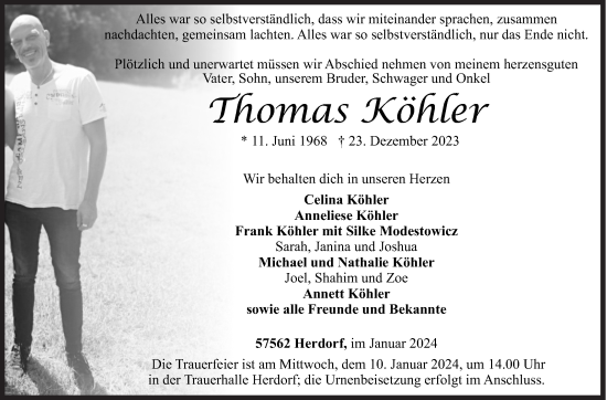 Traueranzeige von Thomas Köhler von Siegener Zeitung