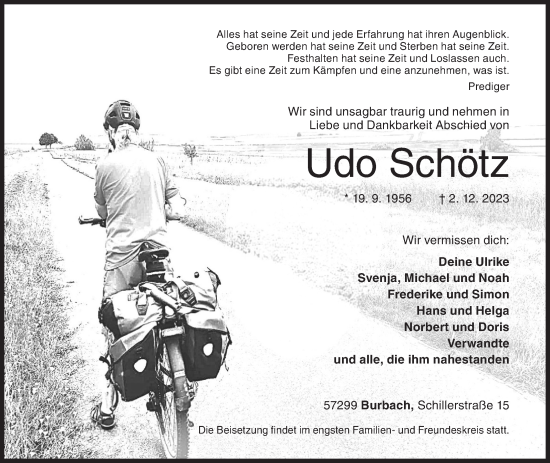 Traueranzeige von Udo Schötz von Siegener Zeitung