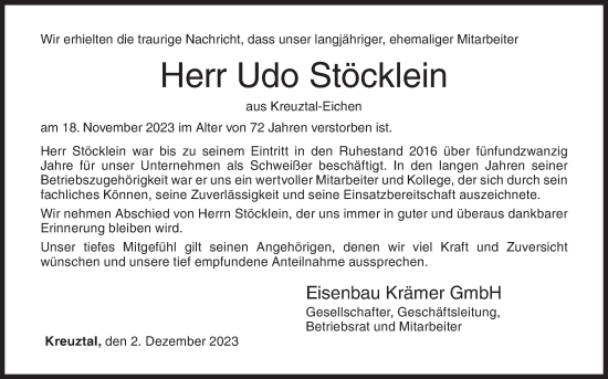 Traueranzeige von Udo Stöcklein von Siegener Zeitung