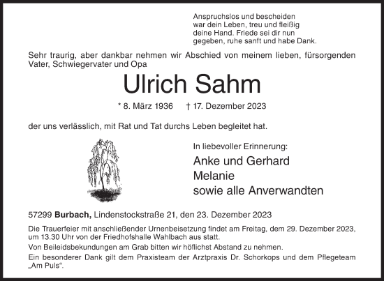 Traueranzeige von Ulrich Sahm von Siegener Zeitung