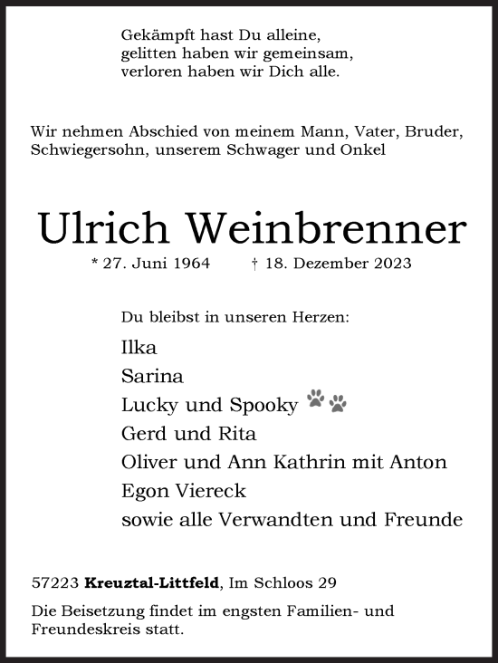 Traueranzeige von Ulrich Weinbrenner von Siegener Zeitung