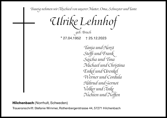 Traueranzeige von Ulrike Lehnhof von Siegener Zeitung