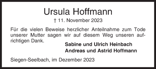 Traueranzeige von Ursula Hoffmann von Siegener Zeitung