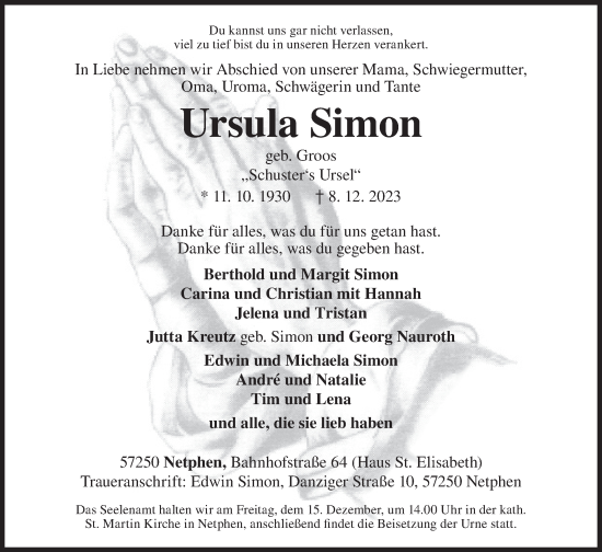 Traueranzeige von Ursula Simon von Siegener Zeitung