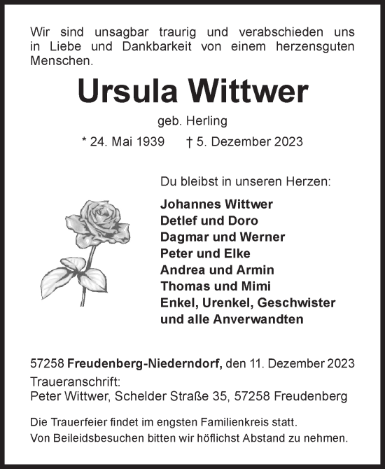 Traueranzeige von Ursula Wittwer von Siegener Zeitung