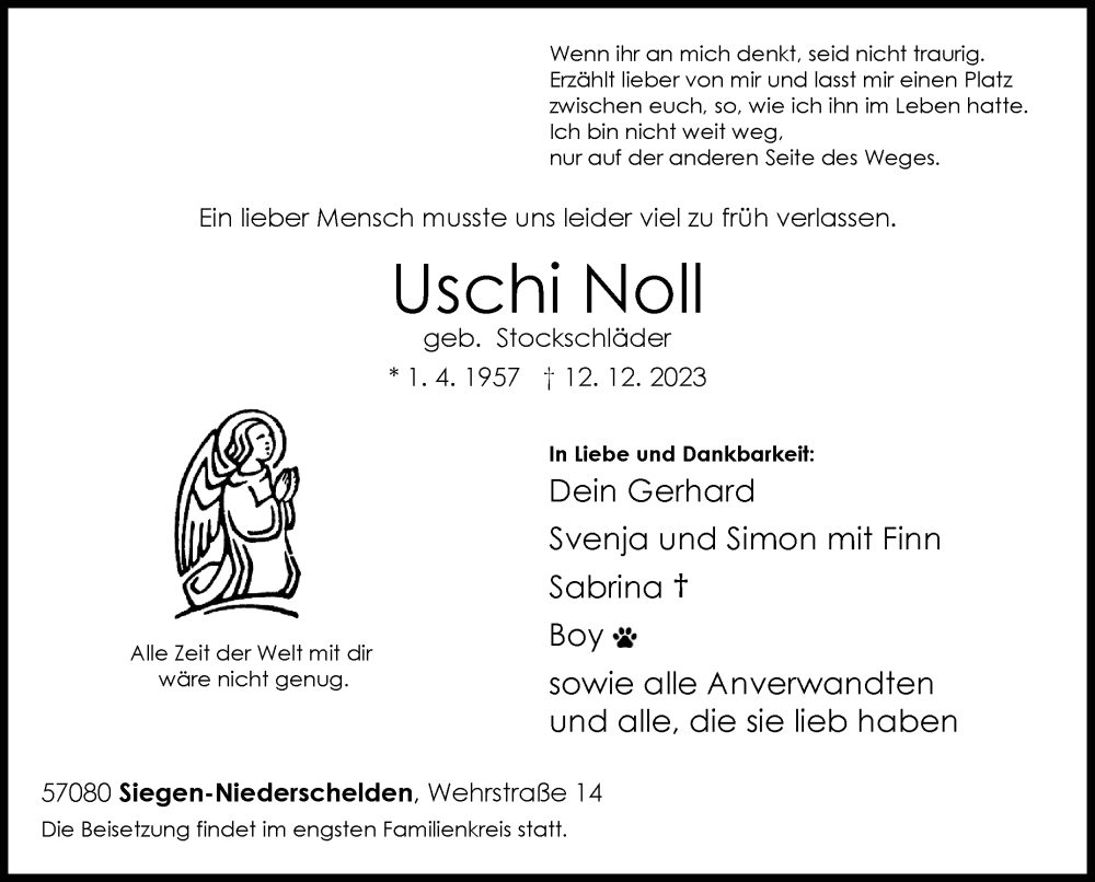  Traueranzeige für Uschi Noll vom 16.12.2023 aus Siegener Zeitung