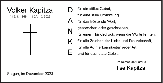 Traueranzeige von Volker Kapitza von Siegener Zeitung