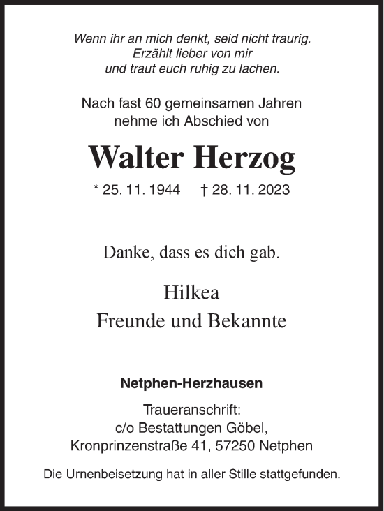 Traueranzeige von Walter Herzog von Siegener Zeitung