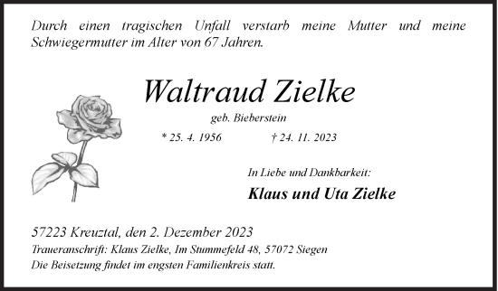 Traueranzeige von Waltraud Zielke von Siegener Zeitung