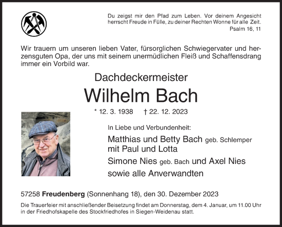 Traueranzeige von Wilhelm Bach von Siegener Zeitung
