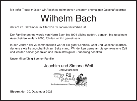 Traueranzeige von Wilhelm Bach von Siegener Zeitung