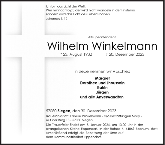 Traueranzeige von Wilhelm Winkelmann von Siegener Zeitung