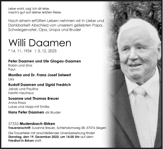 Traueranzeige von Willi Daamen von Siegener Zeitung