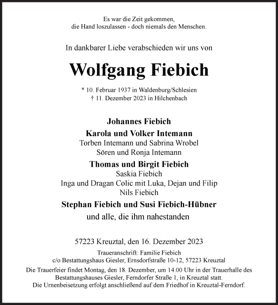 Traueranzeige von Wolfgang Fiebich von Siegener Zeitung