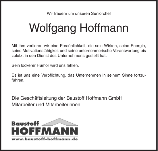Traueranzeige von Wolfgang Hoffmann von Siegener Zeitung