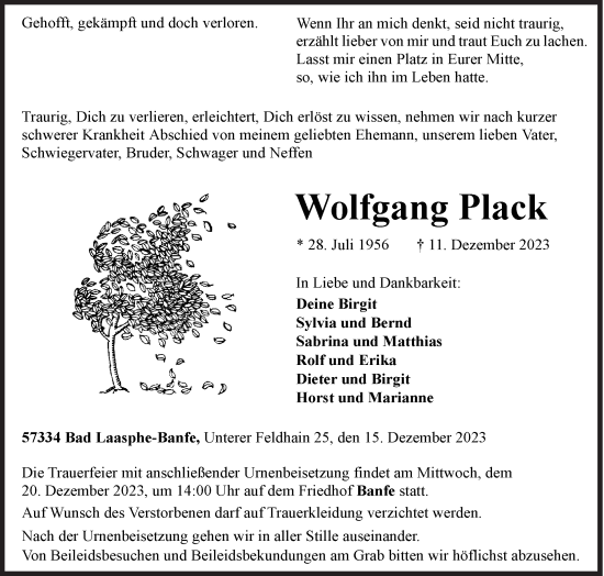 Traueranzeige von Wolfgang Plack von Siegener Zeitung
