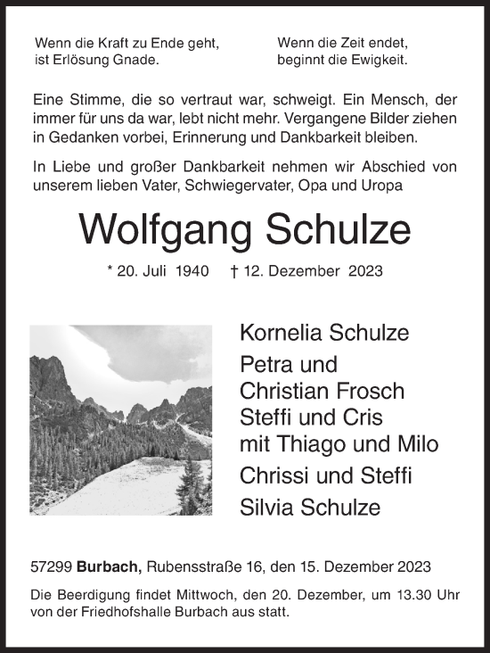 Traueranzeige von Wolfgang Schulze von Siegener Zeitung