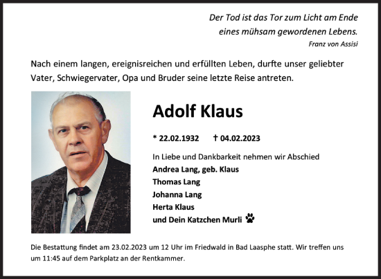 Traueranzeige von Adolf Klaus von Siegener Zeitung