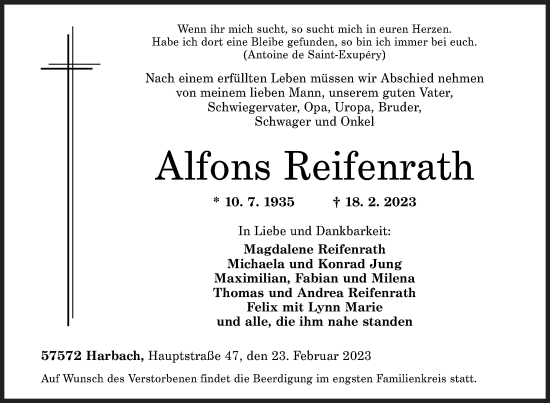 Traueranzeige von Alfons Reifenrath von Siegener Zeitung