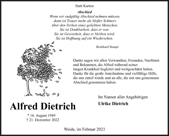 Traueranzeige von Alfred Dietrich von Siegener Zeitung