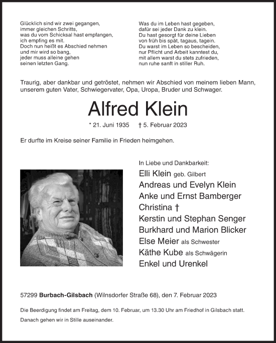 Traueranzeige von Alfred Klein von Siegener Zeitung
