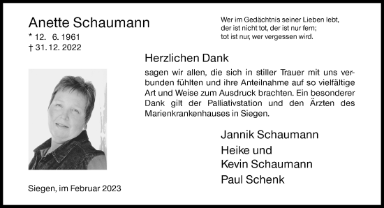 Traueranzeige von Anette Schaumann von Siegener Zeitung