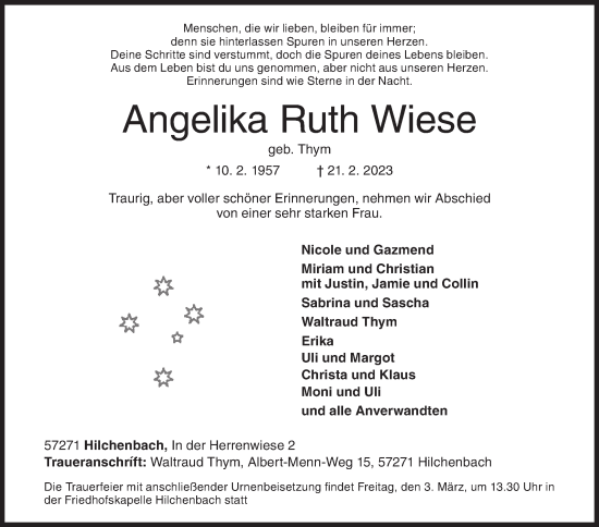 Traueranzeige von Angelika Ruth Wiese von Siegener Zeitung